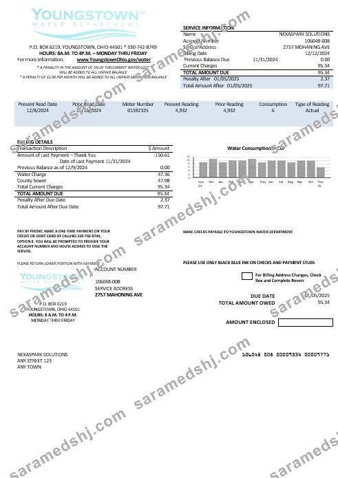 USA Youngstown Water Department business utility bill template in Word and PDF formats